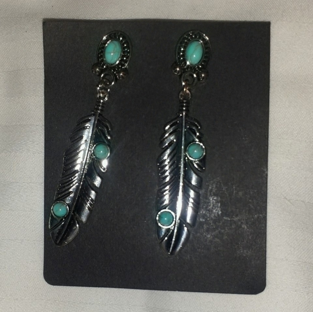 Turquoise Stone Feather Drop Earrings - Silver Tone